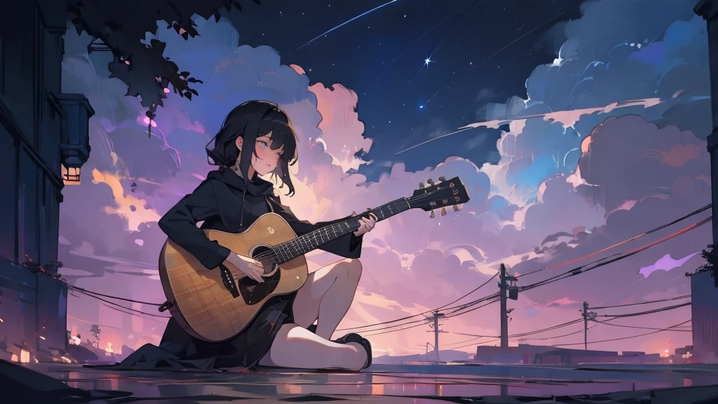 masterpiece,night,(dark alley),star、Night Sky、milky way、octone、
(1. Female), (solo), Knee hugging sitting，acousticguitar