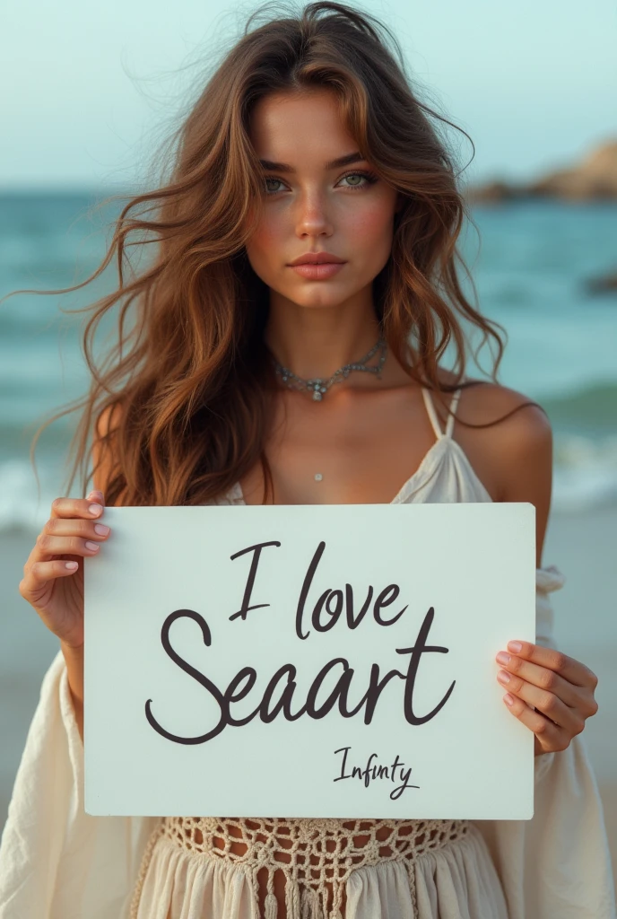 Beautiful girl with wavy long hair, bohemian dress, holding a white board with text "I Love Seaart Infinity" and showing it to the viewer