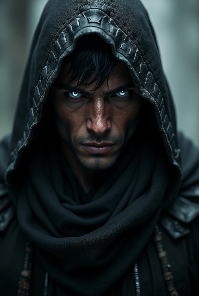 Dark Elf, copper skin, silver eyes, killer, high, mysterious, scarf, charismatic, masculine, short hair, handsome, hood, completely white eyes, blacker
