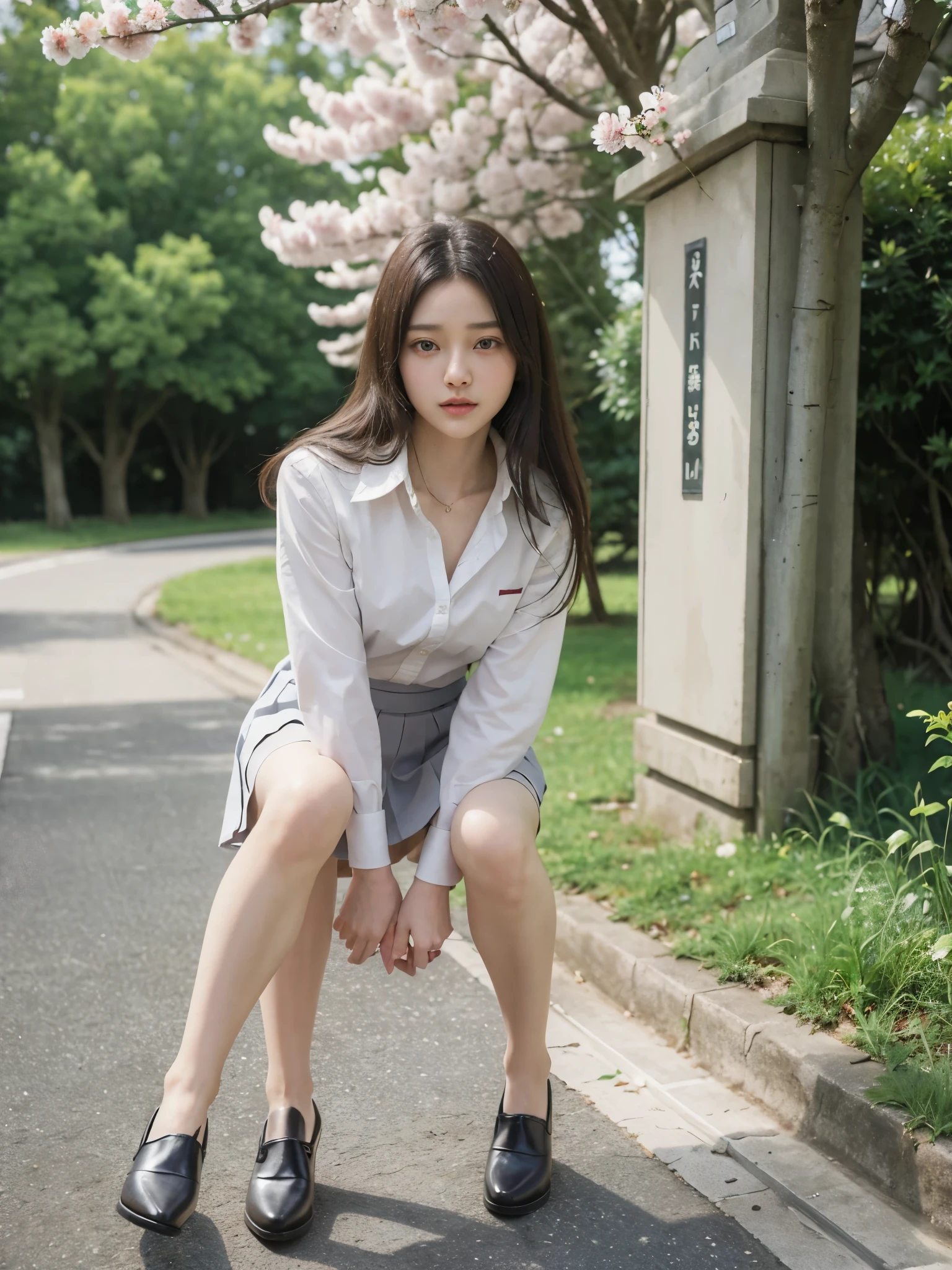 8k, RAW Photos, Highest quality, masterpiece:1.2), masterpiece, Highest quality, shape, Very detailed, Fine details, High resolution, 8k,wallpaper, Perfect dynamic composition,(High quality with attention to detail, Realistic depiction of eyes:1.3)、Hands tied、A woman tied up、Put your arms around my back、Squatting with legs apart on a forest path、White panties are visible、Look forward、21talent、beauty、Well-formed face、Even out the eyes、Beautiful black hair、Bangedium Build、Balanced proportions、Beautiful feet、Short sleeve blouse、Long skirt、Sad face、Beautiful views、