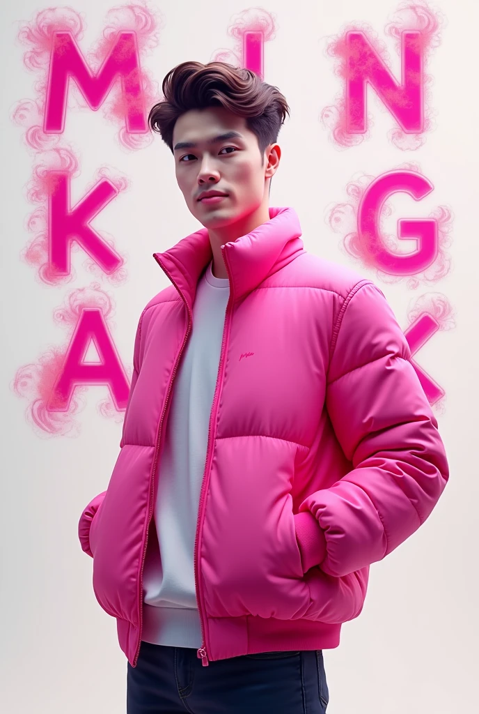 Create a 3D illustration of a 25 year old boy wearing a pink jacket with the words “MINGKAK” smoke artistically forming a frame edit Photoshop Computer named.