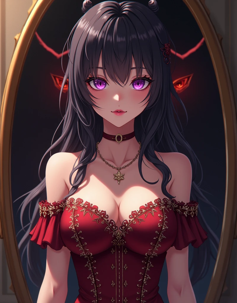One young and beautiful woman,(Detailed Description,Incredibly absurd,High resolution,8k wallpaper,masterpiece,Highest quality,Depth of region,Anatomically accurate depiction,A face with attention to detail, Eye for detail,Perfect body,Nice hands, Perfect Fingers),(Glowing Skin,Shiny skin),(A woman in a noble dress stands in front of a mirror:1.3,The image of a succubus with an evil smile is reflected in the mirror.:1.5,Succubus has demon wings,Succubus eyes are crazy:1.3),eyelash,Purple Eyes,Half-closed eyes:1.3,There is cleavage in the chest,Glossy lipstick,A dress with a complex structure,Luxury accessories,necklace,Bracelet,(background:Large mirror),High quality anime drawings