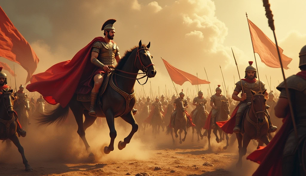 1.	**Alexander the Great in Battle**: “Alexander the Great leading his army in the Battle of Issus, with soldiers clashing and Alexander mounted on a horse, displaying intense combat.”