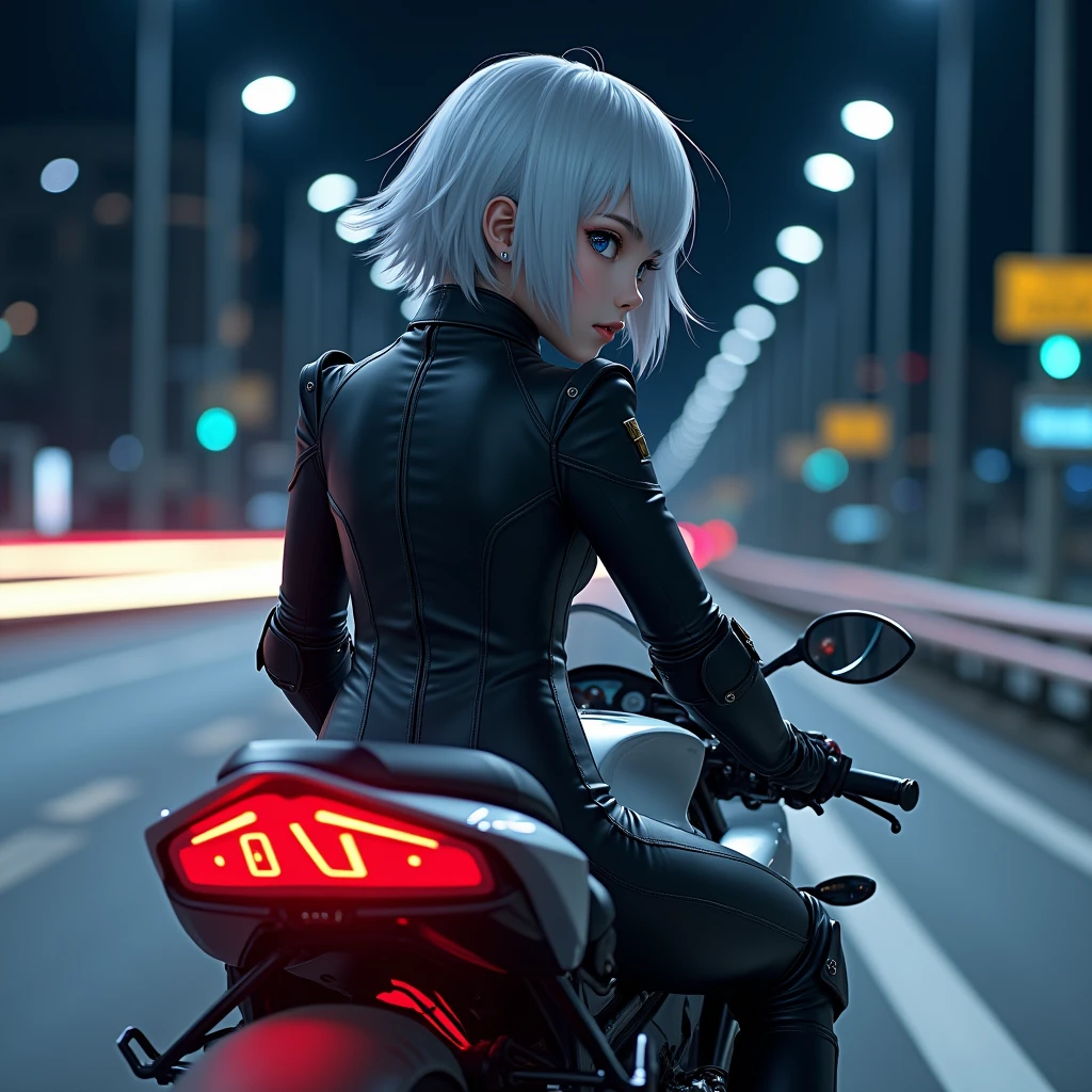 (8k, Photorealistic, Raw photo, Highest quality: 1.4),Japanese idol-style beautiful girl,1 person,18-year-old,(Short Bob),(Silver Hair),Blowing in the wind,Clear grey eyes,Long eyelashes,(piercings(small)),Rider Suit(one piece),boots,(The future of large motorcycles(Akira)Riding),No helmet,Driving on the Metropolitan Expressway at night,The centre stand is not up,View from diagonally behind.Flowing red tail lights,(Full body snapshot)