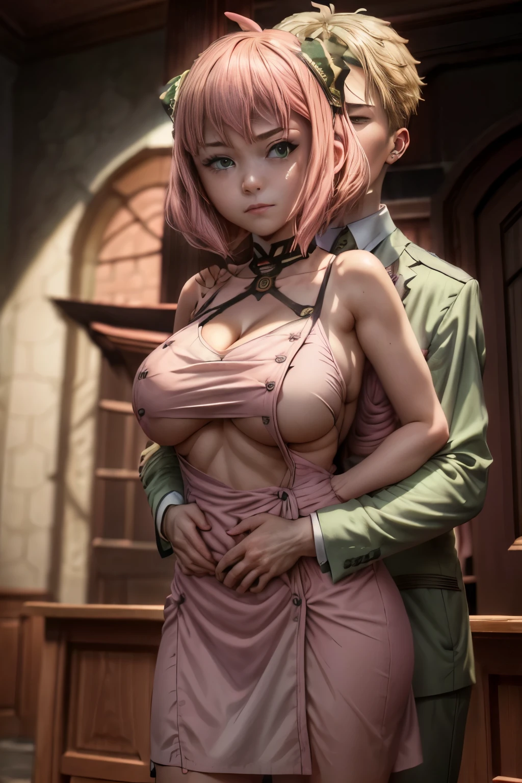 (masterpiece, best quality:1.2), high resolution, intricate details, extremely detailed, realistic and sharp details, (full body), hetero, couple, ((Anya Forger, anya_forger_spyxfamily, anime_style, pink hair, short bob hair, hairpods, green eyes, choker, wearing a deep v-neck neckline dress, light pink dress, sleeveless, thin strap, gigantic huge breasts, cleavage, side , 18 yo woman)), ((1boy, Loid Forger, blonde hair, wearing light green business suit)), (Loid hugging Anya from behind, holding her boob:1.8), detailed face, detailed eyes, pale skin, photo background, outdoors, 