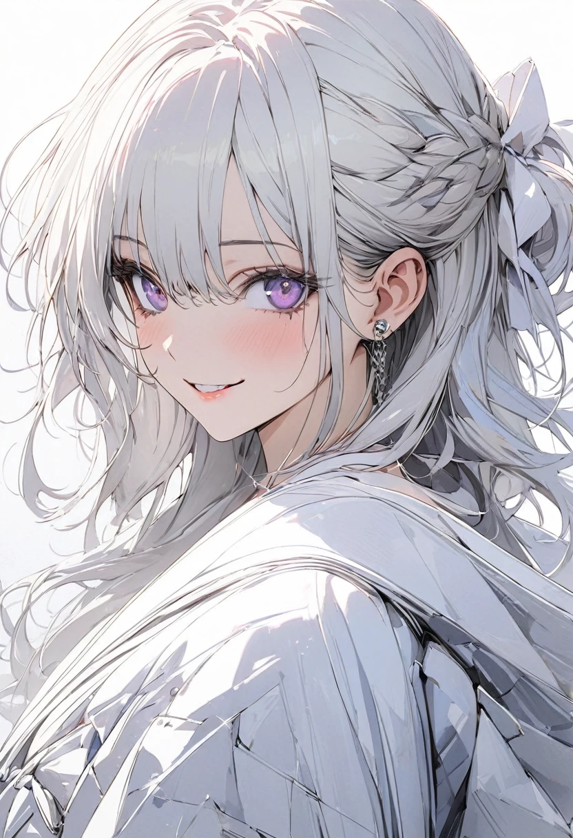 1 woman, striped hair, (long hair), white hair, hair between purple eyes, moles under the eyes, beautiful eyes, (smile), white cloth, high detail, conceptual art, japanese cartoon movies, gothic art, masterpiece, super detail, high details, high quality, best quality