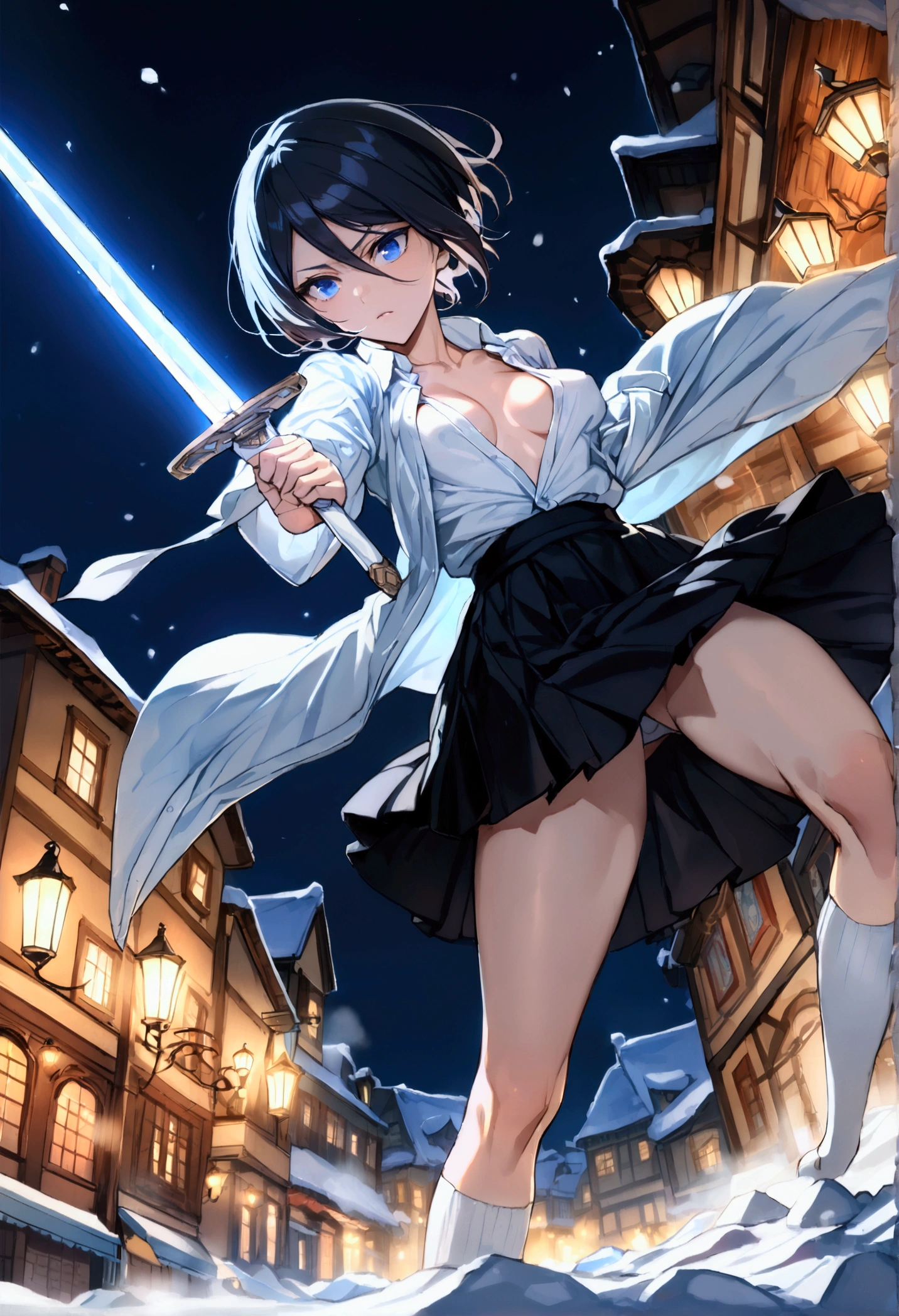 ((Highest quality)),((Very detailed)),((Holding a sword,Pale-white shining sword)), ((Town square at night,)), masterpiece, Detailed face,Beautiful Face, Angle from below, (Fighting), ((ice,snow)),(Long-legged white shirt,A cloth wrapped around his chest,Short black skirt,White socks,geta)One girl,((Blue Eyes,Dynamic pose,Open shirt)) , Rukia, Black Hair, short hair, Hair between the eyes, Purple eyes, Small breasts,cold