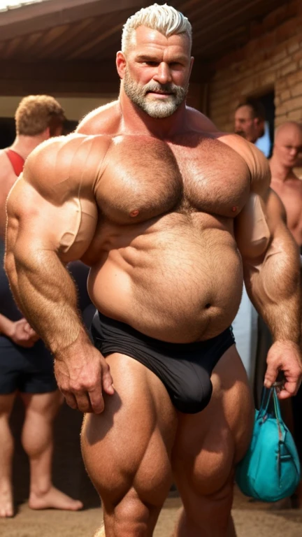 Fat, belly-bellied, muscular80Age: 18 Heaviest Caucasian Male Bodybuilder。The man has white hair、He has a very short shaven head.。The man's weight150kg。
Men are blackTWearing only a bag。Male BlackTThe crotch of the back is very big and bulging。
The man is sunburned。
The man's whole body is very hairy。chest hair。Belly hair。Arm hair。Leg hair。Lower abdomen hair。pubic hair。Armpit hair。
The man has a very thick neck。Developed shoulder muscles。Developed trapezius muscles。Developed pectoral muscles。Big round belly。thick limbs。
Symmetrical and well-formed face。A sturdy, manly face。A gentle face。Kind Face。
Statue。Standing posture。barefoot。Well-focused photo quality。Real。