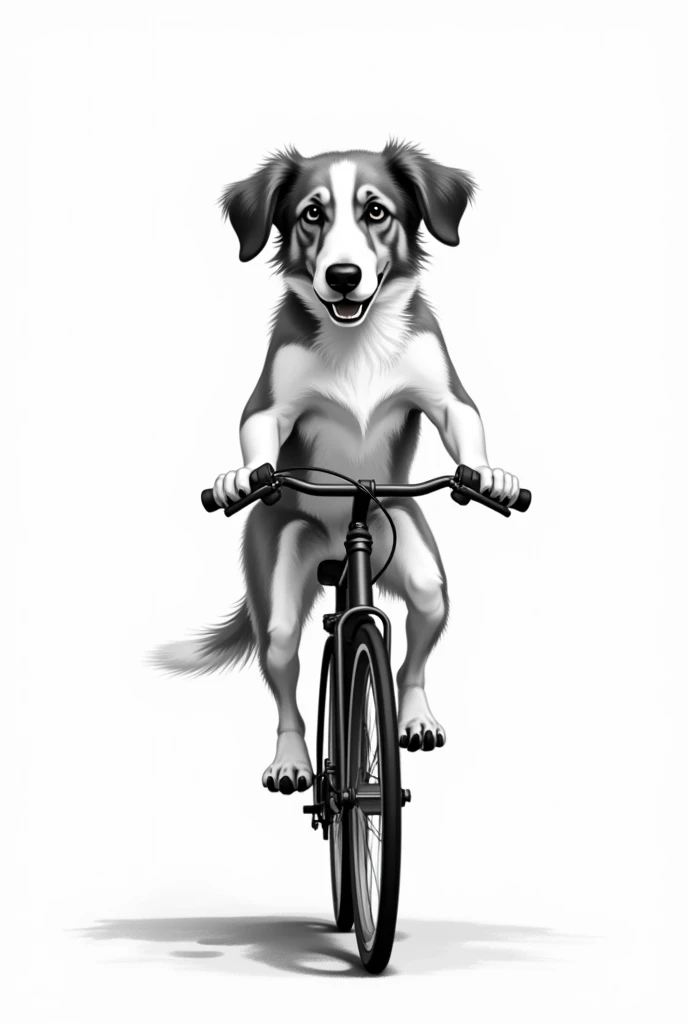 Make a drawing with a few lines in black and white, as if it were made of India ink, of a dog riding a bicycle., the dog is on the bike pedaling and his ears are loose in the wind.  The design should have a sophisticated appearance as if it were portraying reality. 