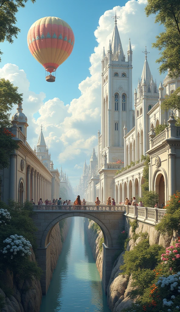 Fantasy city, crisp smooth white ivory towers, lush flowering vegetation, onecolorful hot air balloon in sky, Roman-Elven cityscape background. Renaissance stone market with smooth white statues atop granite bridge, by James McCarthy, Justin Gerard