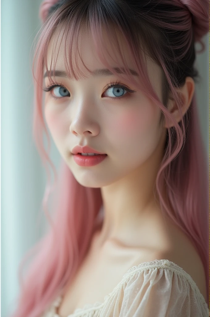 (a closeup:1.4)、(RAW shooting:1.2)、(Photorealsitic:1.4)、(masterpiece:1.3)、(top-quality:1.4)、bright expression、extremely beautyful girl、Extraordinary beautiful girl、Detailed cute and beautiful face、Beautiful bangs、Glowing white shiny skin、facial hairs、Bangs that extend to the face、Bangs between the eyes、Super long double ponytails hair、Attractive light and dark platinum pink super long straight silky hainer hair、Attractive glowing beautiful bright clear light blue big eyes、Luxurious dresses、Double eyelids、Lush bust、The upper part of the body、