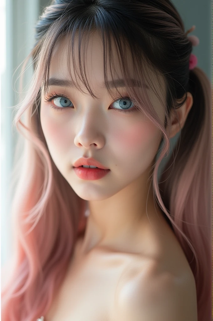 (a closeup:1.4)、(RAW shooting:1.2)、(Photorealsitic:1.4)、(masterpiece:1.3)、(top-quality:1.4)、bright expression、extremely beautyful girl、Extraordinary beautiful girl、Detailed cute and beautiful face、Beautiful bangs、Glowing white shiny skin、facial hairs、Bangs that extend to the face、Bangs between the eyes、Super long double ponytails hair、Attractive light and dark platinum pink super long straight silky hainer hair、Attractive glowing beautiful bright clear light blue big eyes、Luxurious dresses、Double eyelids、Lush bust、The upper part of the body、