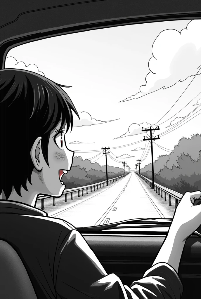 Black and white Manga guy happily looking the outside of the road from the inside of his car