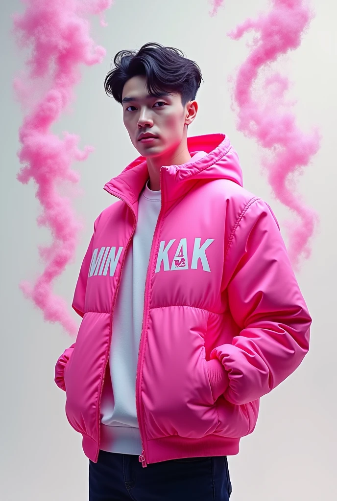 Create a 3D illustration of a 25 year old boy wearing a pink jacket with the words “MINGKAK” smoke artistically forming a frame edit Photoshop Computer named.