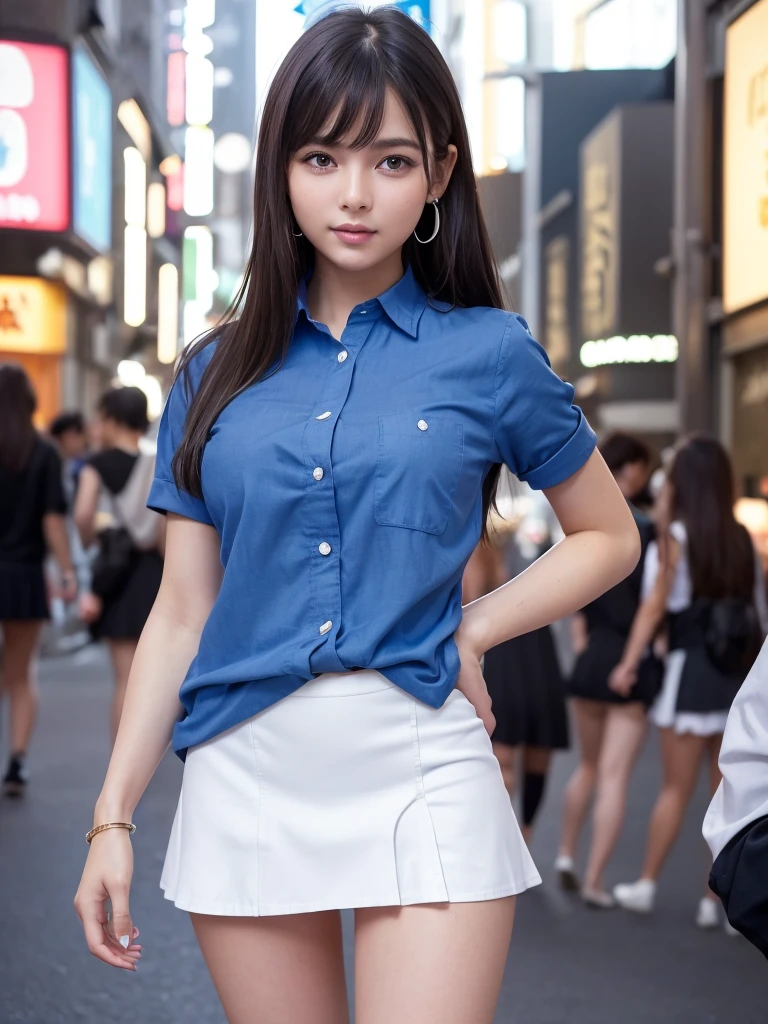 Product quality,1 girl,Cowboy Shot,Front view,(Thigh Emphasis:1.6),Young and sexy Japanese girl,20-year-old,Harajuku,(Crowded street:1.4),Snazzy,((Blue Shirt:1.5)),wear,(Snazzyバッグ:1.3),Fashionable necklaces,Stylish earrings,((White Ultra Short Micro Mini Skirt:1.5)),wear,Very cute face,Baby Face,Glossy Lips,Double eyelids on both eyes,(Natural Makeup),Small and cute nose,shiny smooth light brown long hair,,,,,Asymmetrical bangs,Center image,8k resolution,Attention to detail,Detailed hairstyle,Detailed face,Cinema Lighting,Octane Rendering,Ultra-realistic,Perfect limbs,(Detailed fingers:1.5),Beautiful legs,Voluptuous thighs,Huge breasts,Perfect Anatomy,(Model sexy pose:1.5)