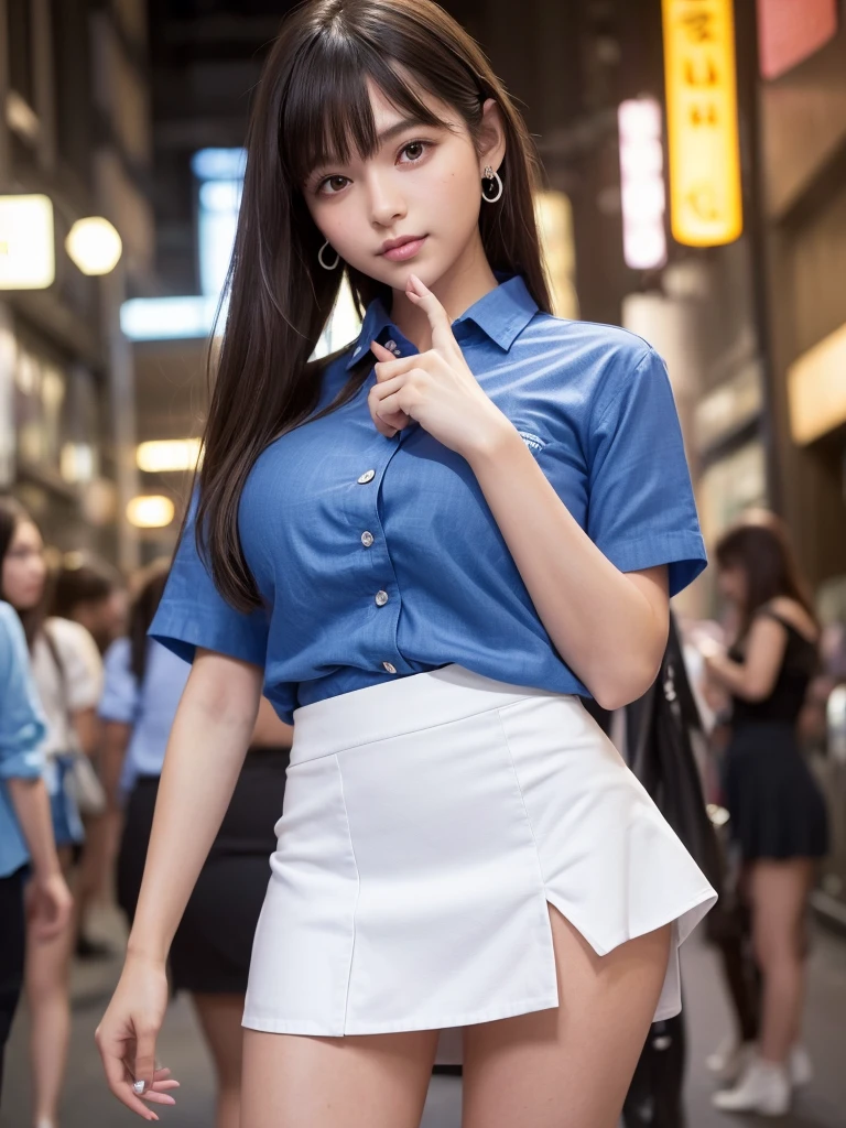 Product quality,1 girl,Cowboy Shot,Front view,(Thigh Emphasis:1.6),Young and sexy Japanese girl,20-year-old,Harajuku,(Crowded street:1.4),Snazzy,((Blue Shirt:1.5)),wear,(Snazzyバッグ:1.3),Fashionable necklaces,Stylish earrings,((White Ultra Short Micro Mini Skirt:1.5)),wear,Very cute face,Baby Face,Glossy Lips,Double eyelids on both eyes,(Natural Makeup),Small and cute nose,shiny smooth light brown long hair,,,,,Asymmetrical bangs,Center image,8k resolution,Attention to detail,Detailed hairstyle,Detailed face,Cinema Lighting,Octane Rendering,Ultra-realistic,Perfect limbs,(Detailed fingers:1.5),Beautiful legs,Voluptuous thighs,Huge breasts,Perfect Anatomy,(Model sexy pose:1.5)