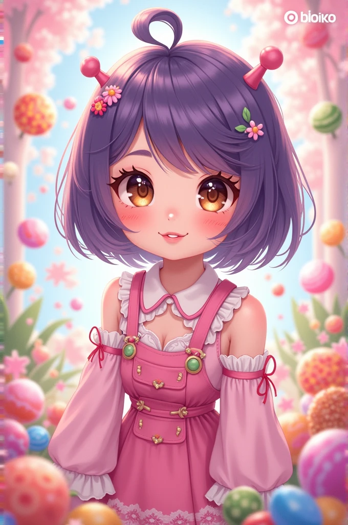 Cute korean girl that has a short hair and puple stripes. Her outfits are cute and has candy evrywhere. Her eyecolor are brown