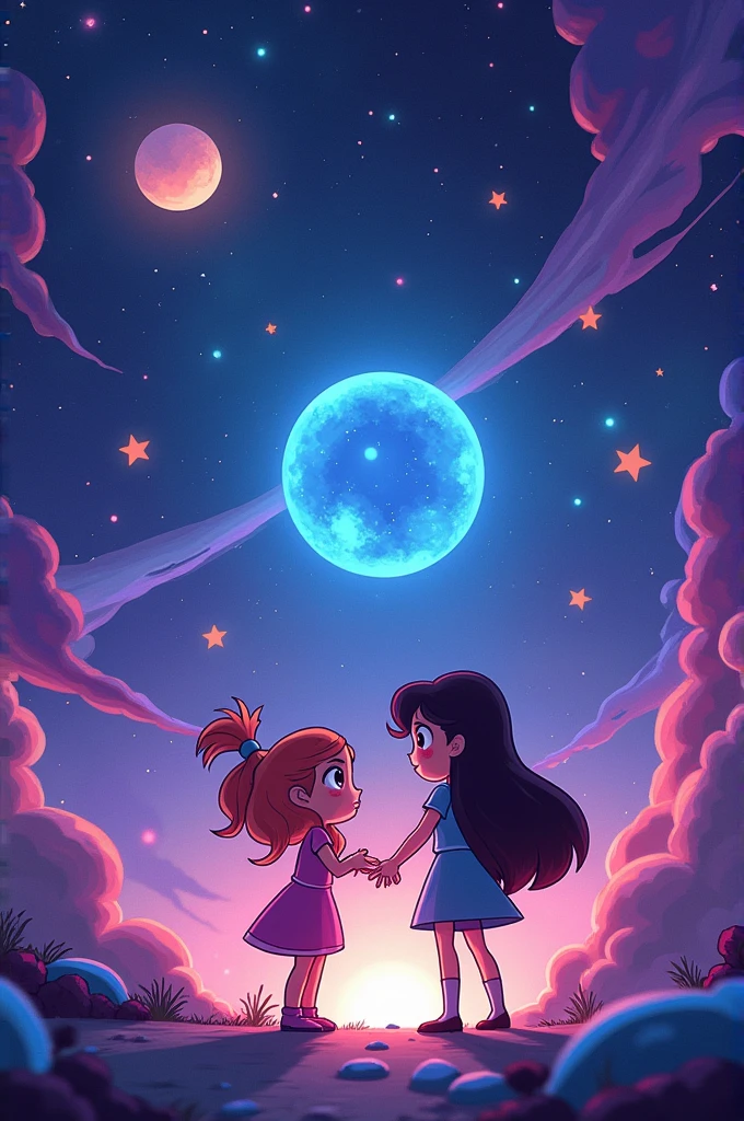 Cartoon intro has,landing in a galaxy with two girls playing Steve Universe drawing style