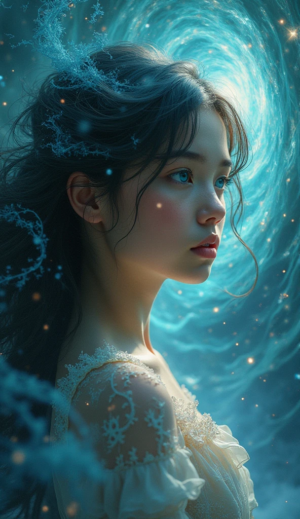 a mystical and ethereal landscape, a young girl surrounded by swirling energy and cosmic forces, her eyes glowing with an otherworldly power, intricate fractal patterns in the background, dramatic lighting, cinematic composition, rich jewel-toned colors, dreamlike atmosphere, detailed facial features, flowing hair, elegant dress, graceful pose, photorealistic, 8k, highly detailed,