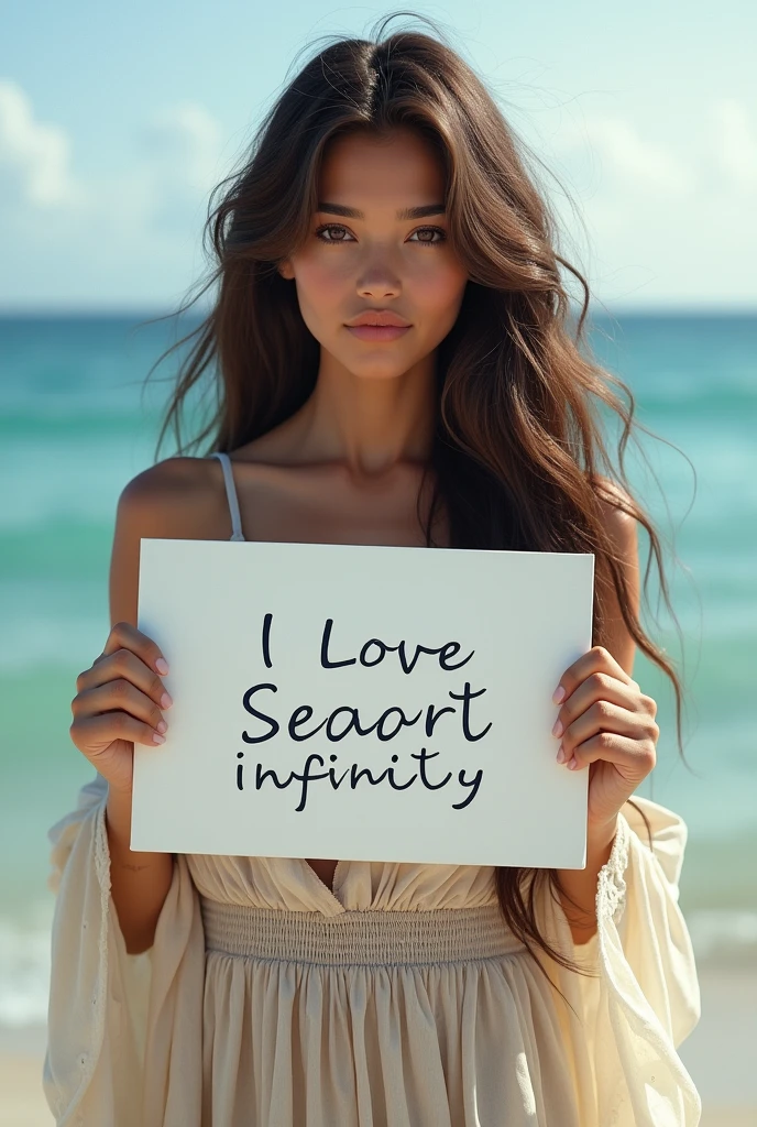 Beautiful girl with wavy long hair, bohemian dress, holding a white board with text "I Love Seaart Infinity" and showing it to the viewer