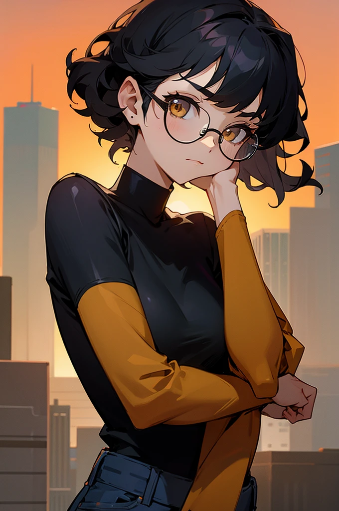 1female , undercut hair , wavy hair ,short hair, black Hair , golden Eyes , lean build ,teen female , Serious Expression , Modern City Background , modern city background, upper body, black shirt, arm, black arm sleeves, big red S symbol, blue jeans, glasses, hair in a bun, sun set background