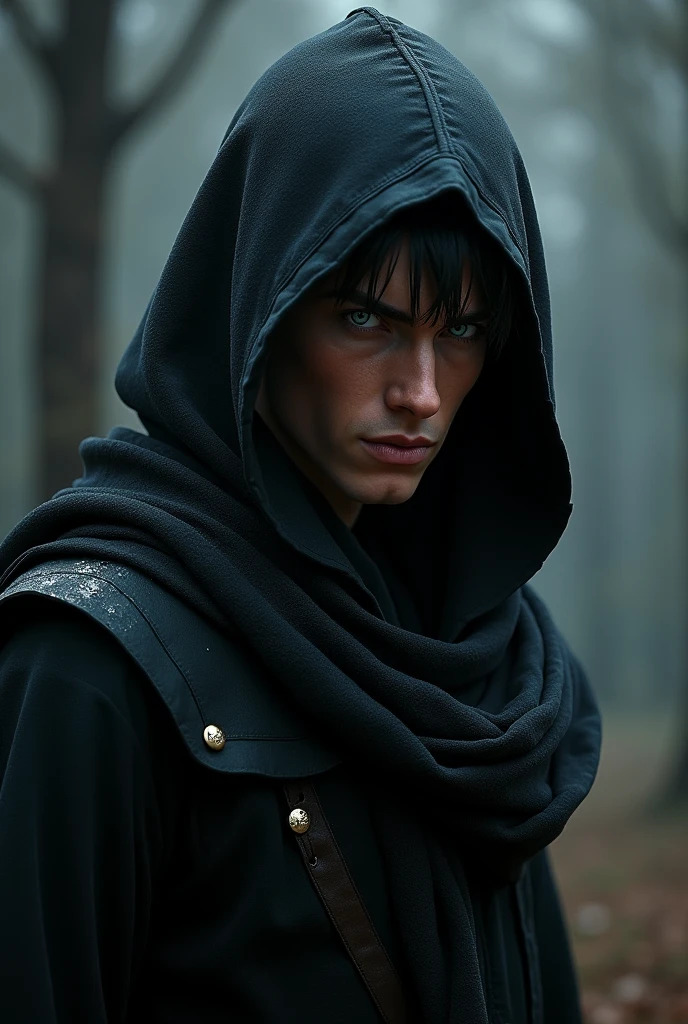 Dark Elf, copper skin, silver eyes, killer, high, mysterious, scarf, charismatic, masculine, short hair, handsome, hood, completely white eyes, blacker, la cara más carismática pero con un aura de killer