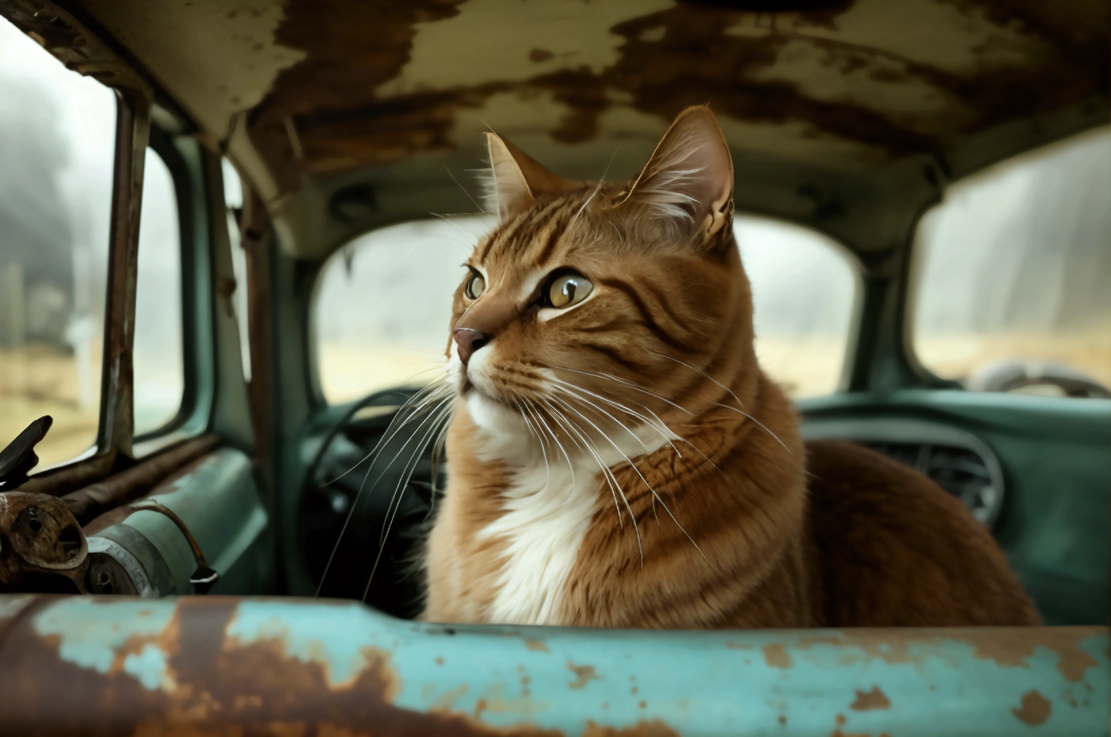 A cat sleeps inside the trunk of an old, rusted car in a scrapyard during a storm. The trunk is slightly open, providing shelter from the rain. Lightning flashes in the dark sky, while rain pours down on the car, creating a somber yet protective atmosphere