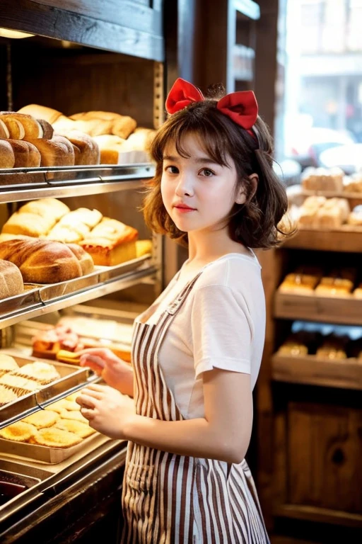 A young girl with short, wavy brown hair stands in a cozy bakery. She wears a large, vibrant red bow on her head, reminiscent of the character Kiki from 'Kiki's Delivery Service.' Her expression is thoughtful as she looks towards the camera. The bakery around her is softly lit, with warm tones highlighting the assortment of fresh bread and pastries displayed on wooden shelves. The environment exudes a warm and nostalgic atmosphere, filled with the charm of a small, local bakery.