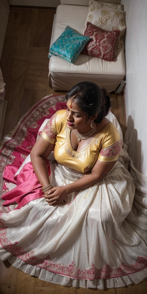 Day scene, full body photo of a plus sized 45 year old indian with a man from top view, (Masterpiece, Best Quality, High Resolution), office Background, (cum Splash on her breasts and nipples, cum Splash on her face, Splash of cum, cum Splash on her blouse, cum Splash on her eys), Sweet 25 year old South indian women sitting on her knees in a crowded party hall with a man, hour glass body red lips, silver colour silky gown, lightly makeup,ultra realistic, realistic, look at viewer (cinematic:1.3), intricate details,