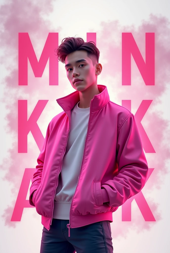 Create a 3D illustration of a 25 year old boy wearing a pink jacket with the words “MINGKAK” smoke artistically forming a frame edit Photoshop Computer named.