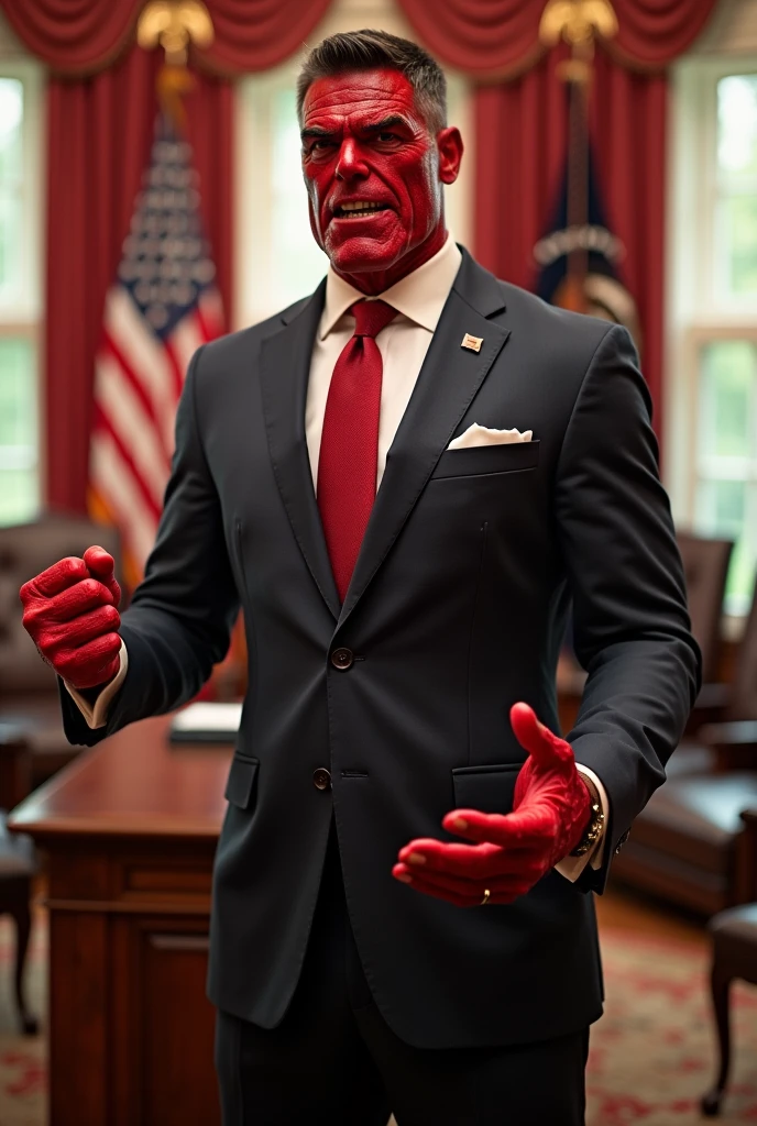 Red Hulk in suit giving an announcement as the president of the United States in the White House