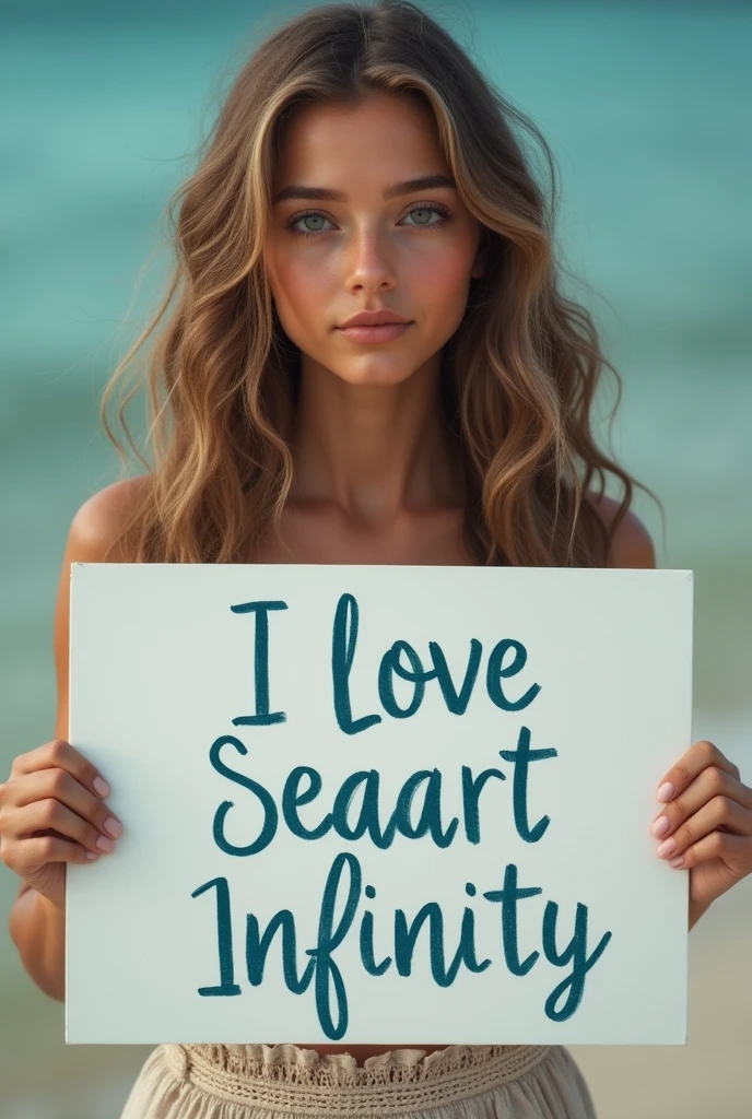 Beautiful girl with wavy long hair, bohemian dress, holding a white board with text "I Love Seaart Infinity" and showing it to the viewer