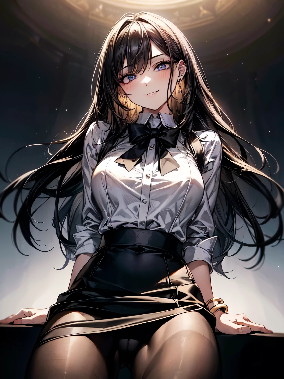 (RAW photo:1), (best quality:1.3), (masterpiece:1.3), (ultra-detailed:1.3), (beautiful:1), (floating hair :1), (beautiful detailed eyes:1.1), (extreme detailed illustration:1.3), (professional lighting, face lighting:1.2), (perfect anatomy:1.3), soft light, beautiful body, glossy black hair, well-groomed hair, medium-length straight hair: 1.3, black eyes, upscale restaurant manager, confident and focused, milf, , extreme detailed illustration, 1girl, (smile:1.2), (cute:1.2), twenties, looking at viewer, black brazer, white collared dress shirt, black bow tie, black tight skirt, black pantyhose, simple gold earrings, simple gold bracelet, , Silver chain necklace, piercings, silver bracelet, standing, spread legs, tokyo street,, from below, wide angle