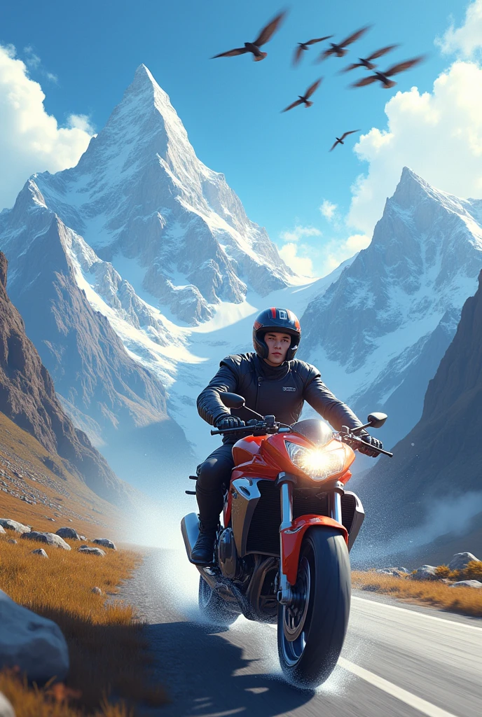 A young man rides a motorbike in a mountainous area with birds flying above him.
