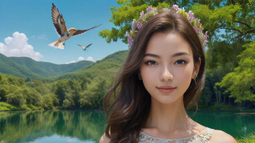 (1 girl, realistic, upper body, detailed face, beautiful dress), (best quality, masterpiece, high quality, 1girl, solo, (upper body, beautiful dress), illustration, beautiful detailed girl, beautiful detailed glow, beautiful detailed eyes, highres, detailed, high resolution illustraion, ultra-detailed, detailed background, beautiful detailed face), ((background: Capture a picturesque landscape with lush green hills, a clear blue sky, and a tranquil lake reflecting the surroundings. Include intricate details such as blooming flowers, tall trees, and birds in flight to evoke a sense of peace and natural beauty.))