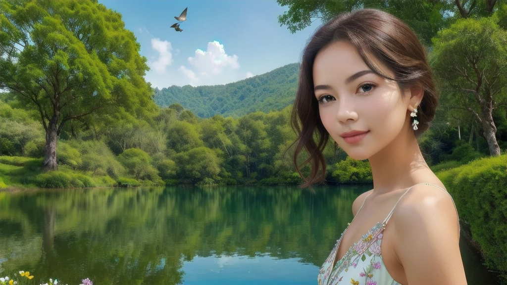 (1 girl, realistic, upper body, detailed face, beautiful dress), (best quality, masterpiece, high quality, 1girl, solo, (upper body, beautiful dress), illustration, beautiful detailed girl, beautiful detailed glow, beautiful detailed eyes, highres, detailed, high resolution illustraion, ultra-detailed, detailed background, beautiful detailed face), ((background: Capture a picturesque landscape with lush green hills, a clear blue sky, and a tranquil lake reflecting the surroundings. Include intricate details such as blooming flowers, tall trees, and birds in flight to evoke a sense of peace and natural beauty.))