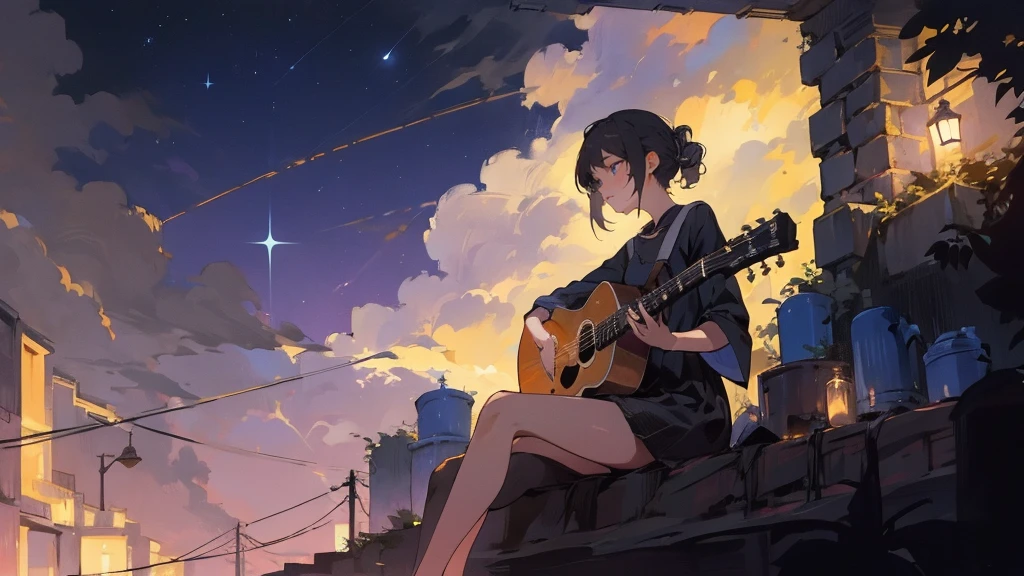 masterpiece,night,(dark alley),star、Night Sky、milky way、octone、
(1. Female), (solo), Knee hugging sitting，acousticguitar