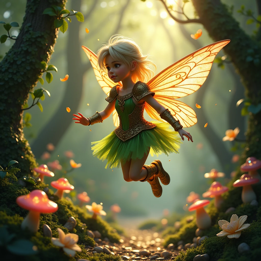 a pixie wearing pixie armor,flying through the magical forest,sparkling fairy dust,floating flower petals,majestic sunlight filtering,beautifully textured foliage,enchanted glowing mushrooms,twinkling stars,surreal atmosphere,breathtaking scenery,whimsical details,glowing ethereal wings,fantasy realm,enchanted creatures,mystical aura,graceful motion,magical energy,tiny sparkling jewels,dream-like ambiance,serene and enchanting,ethereal beauty,magical adventure,enchanting colors,enchanted beings,fairy tale setting,enchanted light beams,spellbinding charm,tiny intricate details,magical wonderland,fantasy-filled,enchanted whispers,floating and ethereal,light and airy,mysterious yet inviting,otherworldly vine-covered trees,colorful and vibrant,a world of imagination,fantastical elements,breathtaking flight,playful and mischievous,exquisite craftsmanship,whispering tree spirits