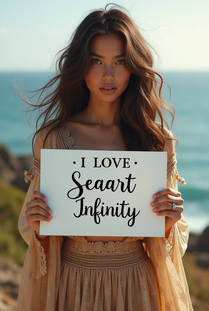 Beautiful girl with wavy long hair, bohemian dress, holding a white board with text "I Love Seaart Infinity" and showing it to the viewer
