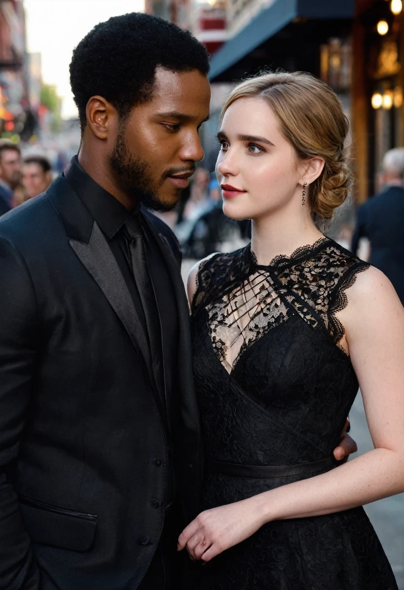 Elizabeth Lail and a handsome African American male whose facial features are a combo of Jovan Adepo + Nathan Mitchell enjoy an evening stroll. Both are dressed attractively for a night on the town. Elizabeth wears a black gothic criss-cross lace dress. Elizabeth has lovely makeup on her face. Nighttime. Romantic ambiance. Symmetrical eyes. Symmetrical faces. Lovely details. Photorealistic. Full-colored photo. Professional photo. Highly detailed 8K.