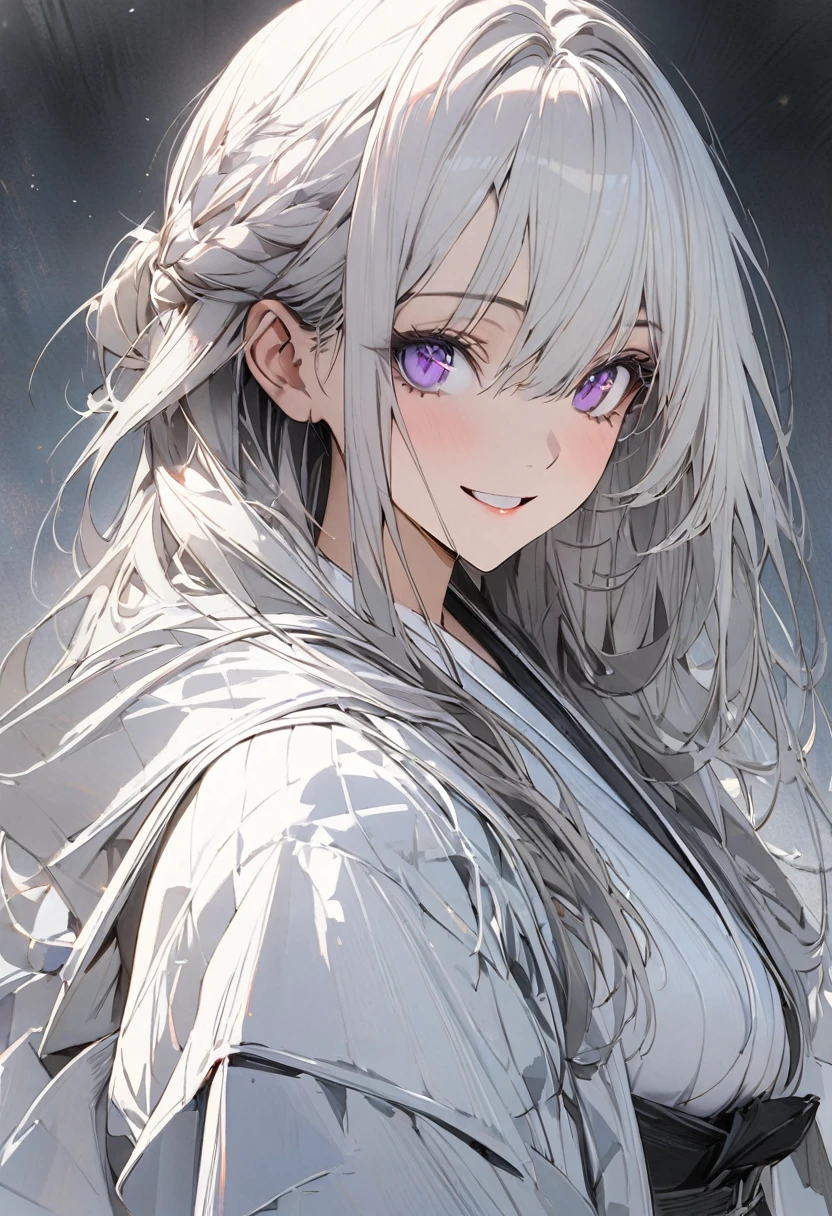 1 woman, striped hair, (long hair), white hair, hair between purple eyes, moles under the eyes, beautiful eyes, (smile), white cloth, high detail, conceptual art, japanese cartoon movies, gothic art, masterpiece, super detail, high details, high quality, best quality