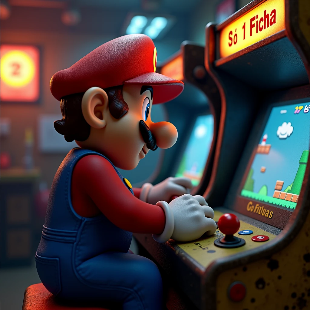 Mario near view playing on arcade from label Só 1 Ficha
