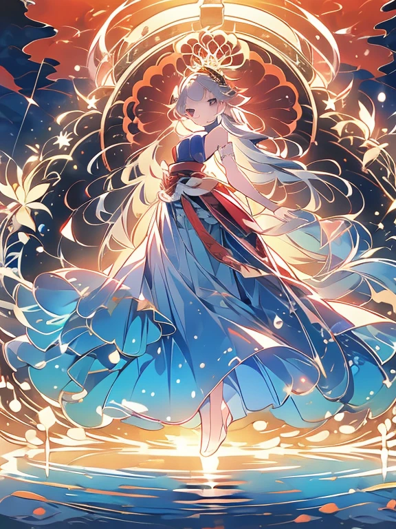 ((Highest quality)), ((masterpiece))、Small breasts are justice、background(Magnificent View)、View from afar、Multiple people、Two women、Two shrine maidens、Dance、prayer、Uplifting、Guidance、(Blue and silver long hair、Blue-green eyes)、(Scarlet long hair、Orange eyes)、Miko costume、Hakama、morning haze、shrine、anime