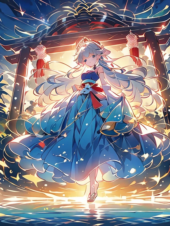 ((Highest quality)), ((masterpiece))、Small breasts are justice、background(Magnificent View)、View from afar、Multiple people、Two women、Two shrine maidens、Dance、prayer、Uplifting、Guidance、(Blue and silver long hair、Blue-green eyes)、(Scarlet long hair、Orange eyes)、Miko costume、Hakama、morning haze、shrine、anime