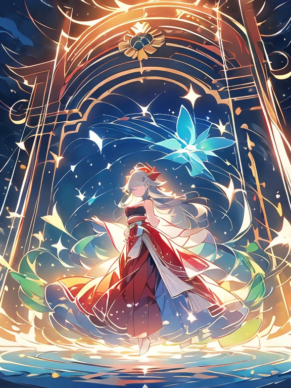 ((Highest quality)), ((masterpiece))、Small breasts are justice、background（Magnificent View）、View from afar、Multiple people、Two women、Two shrine maidens、Dance、prayer、Uplifting、Guidance、(Blue and silver long hair、Blue-green eyes)、(Scarlet long hair、Orange eyes)、Miko costume、Hakama、morning haze、shrine、anime