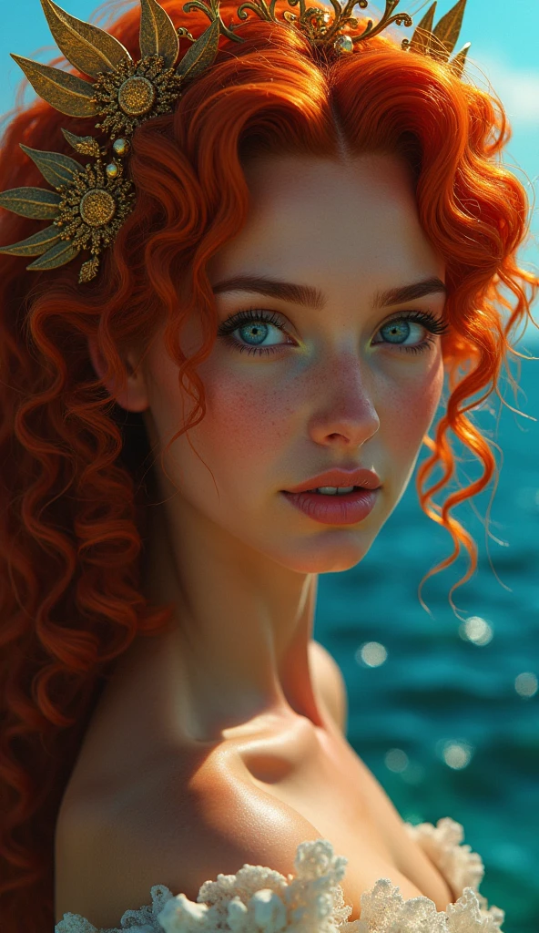 closeup Portrait of a curly hair, golden decorations Pirate princess goddess, red hair, perfect facial symmetry, detailed eyes, realistic skin, Caribbean background, Ocean, painted by ArtGerm, Alphonse Mucha, Roberto Ferri, Ross Tran, Pixar, face centered