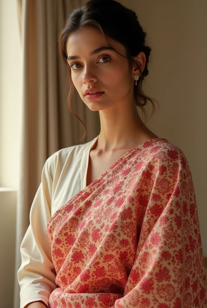 Karachi fabric has small flowers dot design in red colour have neck cut that wear a blond Indian girl in simple look