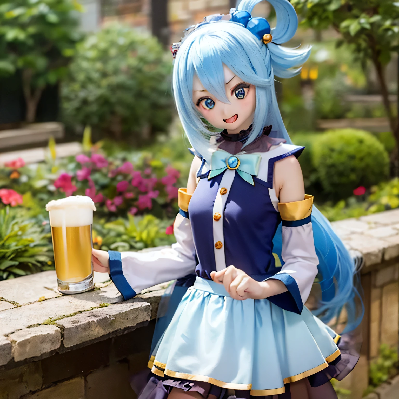 (a young girl and) Blue Hair, (wear) a white and blue dreSS, (Holding) staff, (Standing) wealthy, Vibrant Gardens, (and) At the bar (Holding a mug and drinking beer) Around her, (Down) Clear blue sky.(((((punch)))))
(Portraiture) girl&#39;S, (Realistic) rendering, (and) (Very detailed) Features, (Inclusive) Sparkling Blue EyeS, (薔薇Farbeの) lips, and (length) eyelash.
(Highest quality, 4K, High resolution) image, (and) (vivid) Farbe, (Emphasis expressed) girl&#39;s and lively appearance.
(the garden iS filled and)  (end) a warm and inviting atmoSphere, (and) Light up the scene.villain poSe
have a magic wand (((open your mouth and laugh)))