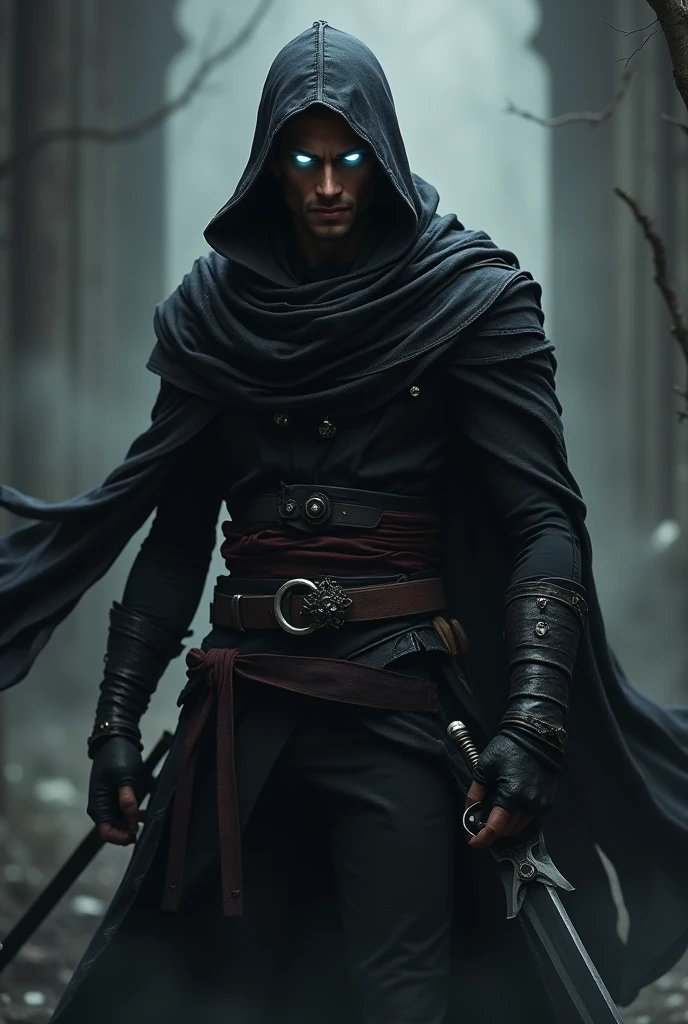 Dark Elf, copper skin, silver eyes, killer, high, mysterious, scarf, charismatic, masculine, short hair, handsome, hood, completely white eyes, blacker, la cara más carismática pero con un aura de killer, short sword in hand
