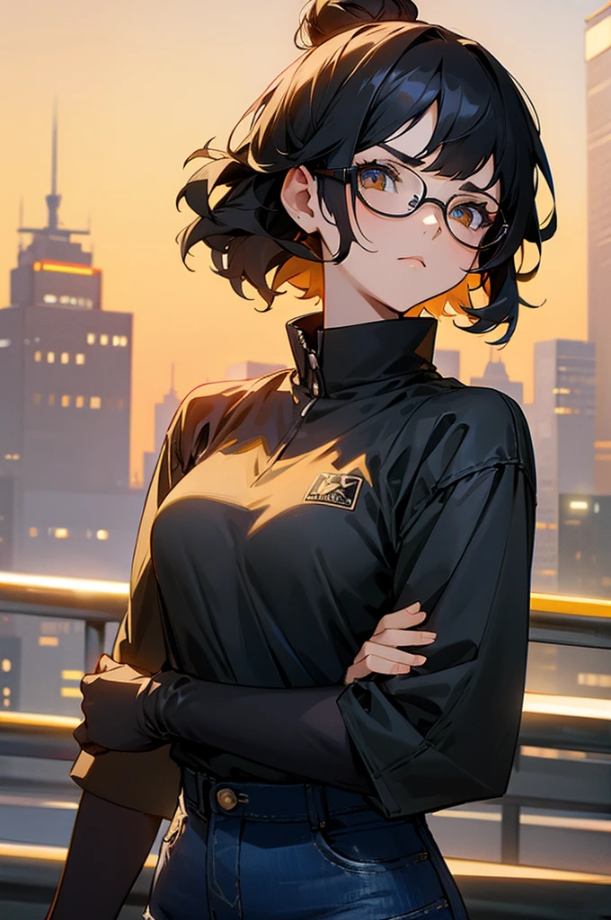 1female , undercut hair , wavy hair ,short hair, black Hair , golden Eyes , lean build ,teen female , Serious Expression , Modern City Background , modern city background, upper body, black shirt, arm, black arm sleeves, big red S symbol, blue jeans, glasses, hair in a bun, sun set background